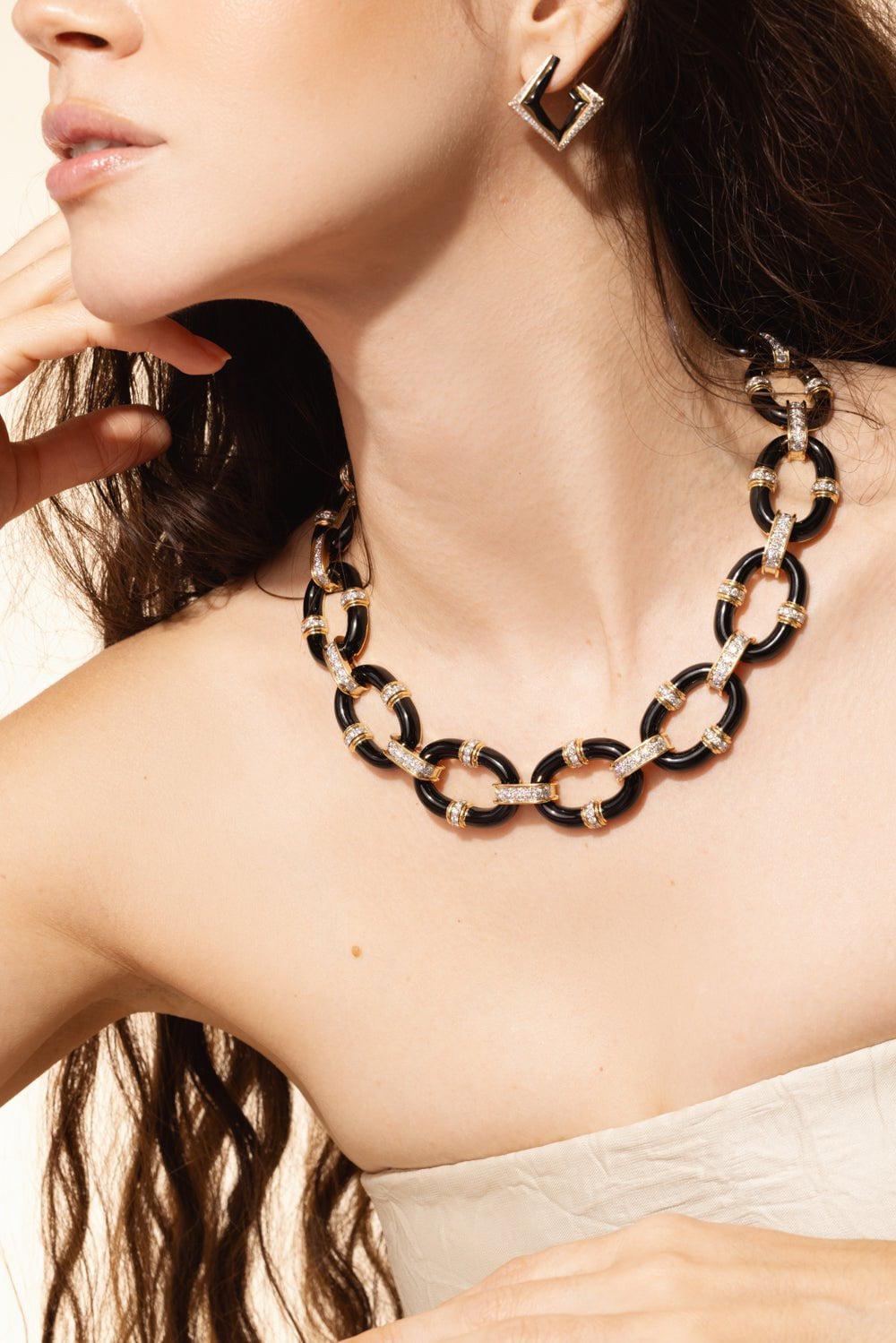 DAVID WEBB-Oval Link Black Enamel Necklace-YELLOW GOLD