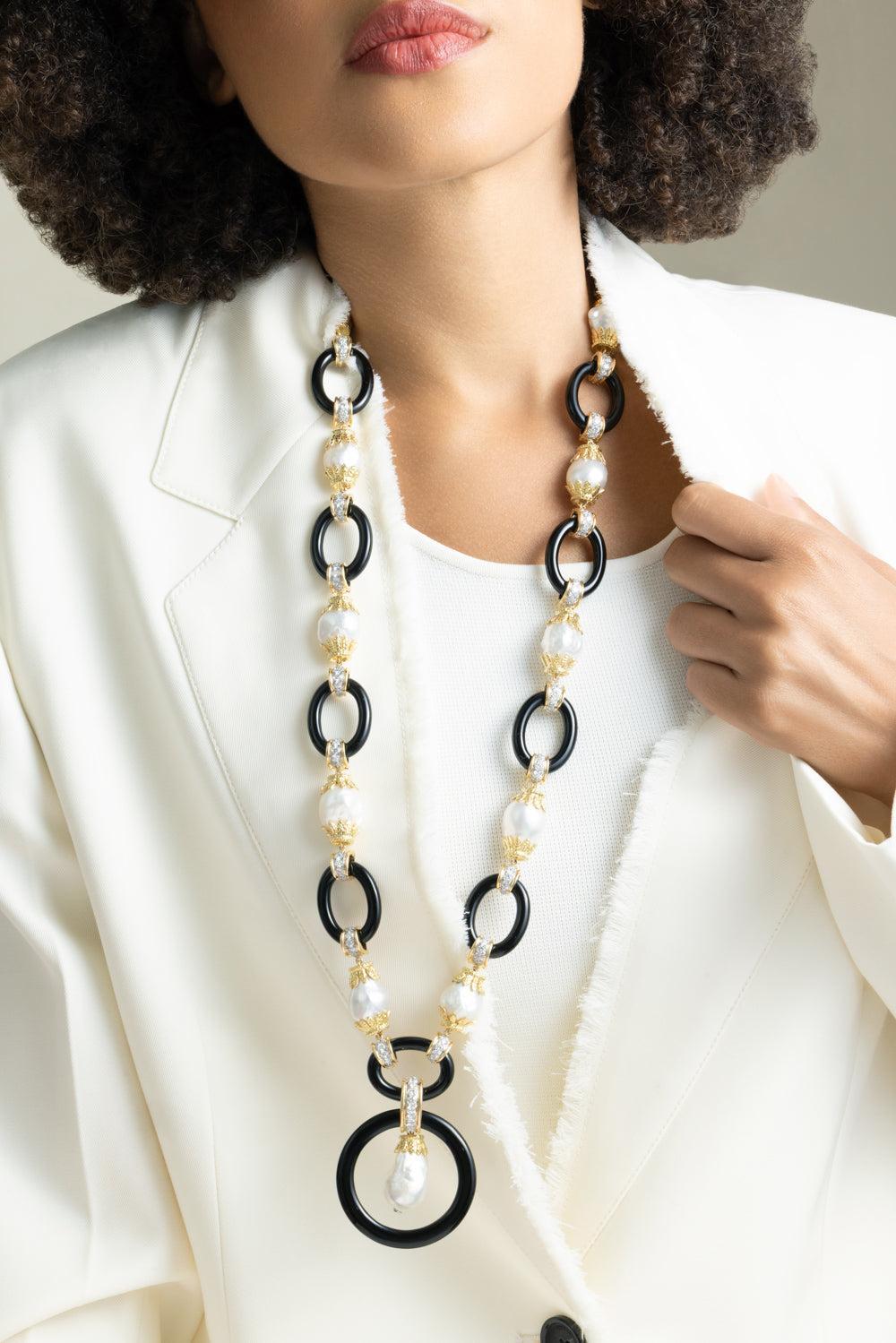 Pearl Black Link Necklace-YELLOW GOLD-JEWELRYFINE JEWELNECKLACE O-DAVID WEBB