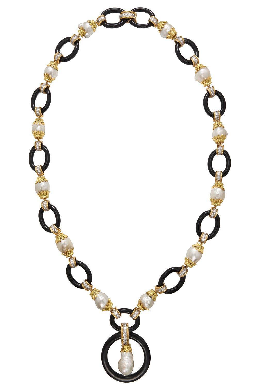 Pearl Black Link Necklace-YELLOW GOLD-JEWELRYFINE JEWELNECKLACE O-DAVID WEBB