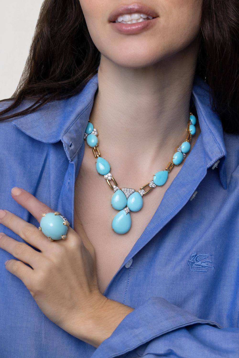Turquoise Cluster Drop Necklace-YELLOW GOLD-JEWELRYFINE JEWELNECKLACE O-DAVID WEBB