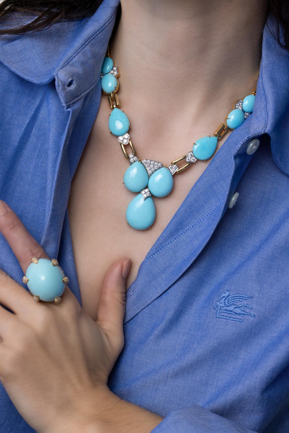 Turquoise Cluster Drop Necklace-YELLOW GOLD-JEWELRYFINE JEWELNECKLACE O-DAVID WEBB