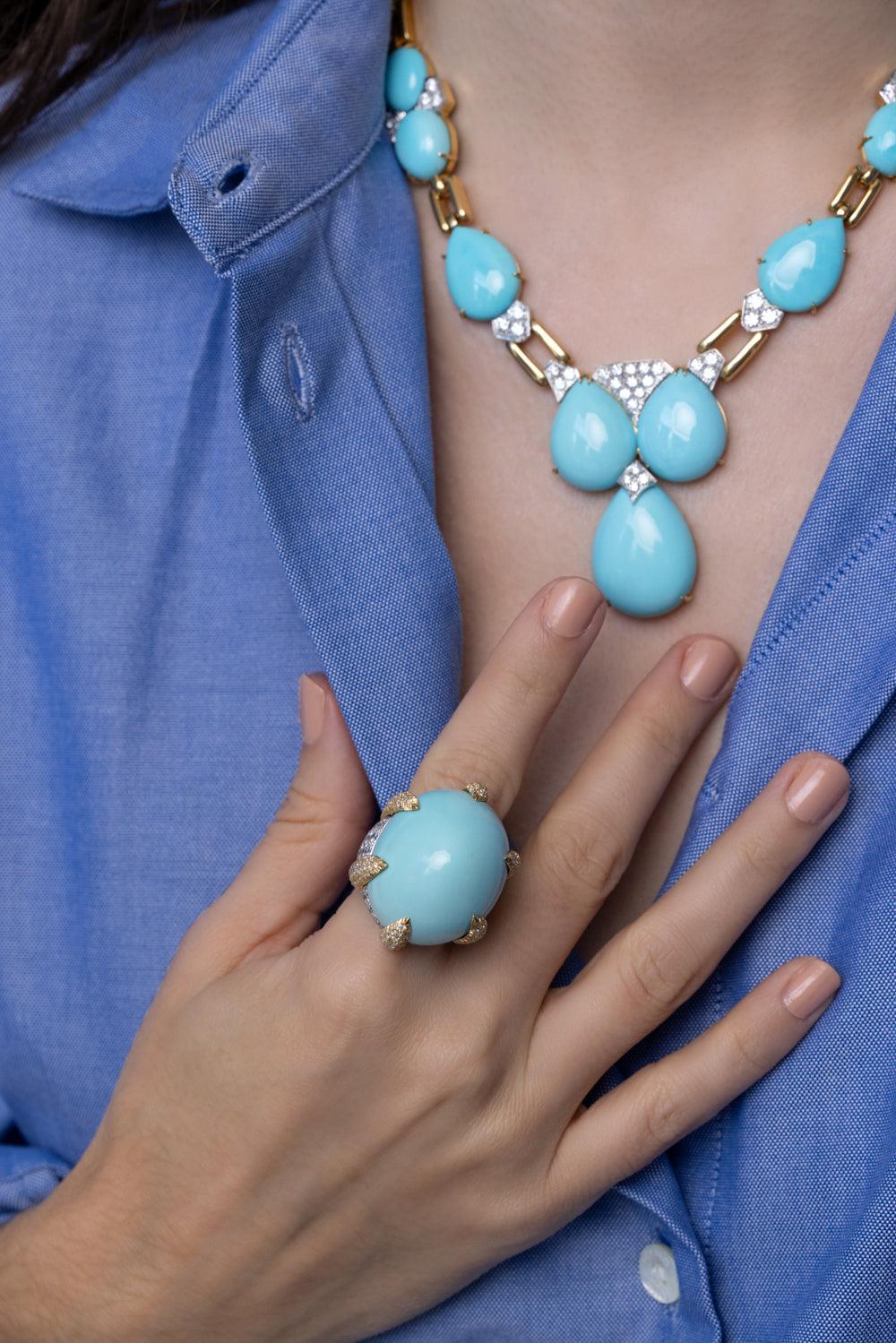Turquoise Cluster Drop Necklace-YELLOW GOLD-JEWELRYFINE JEWELNECKLACE O-DAVID WEBB