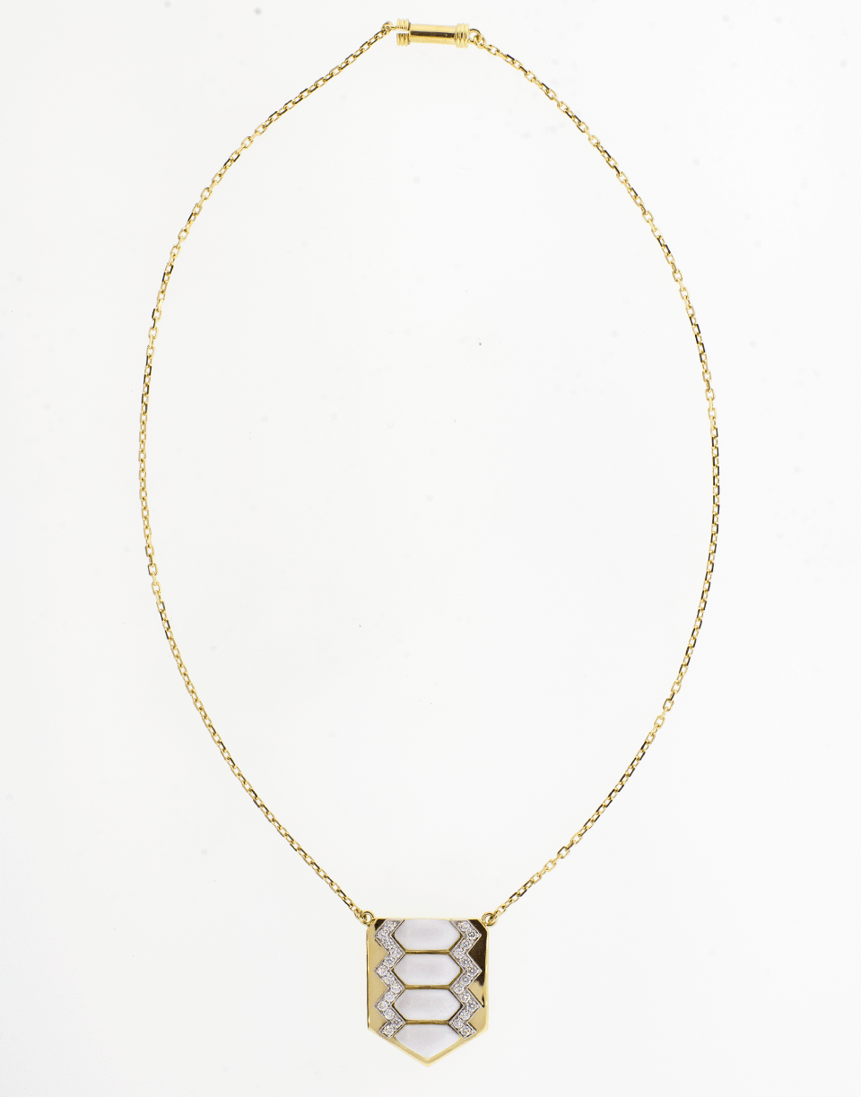 DAVID WEBB-White Enamel And Diamond Shield Necklace-YELLOW GOLD