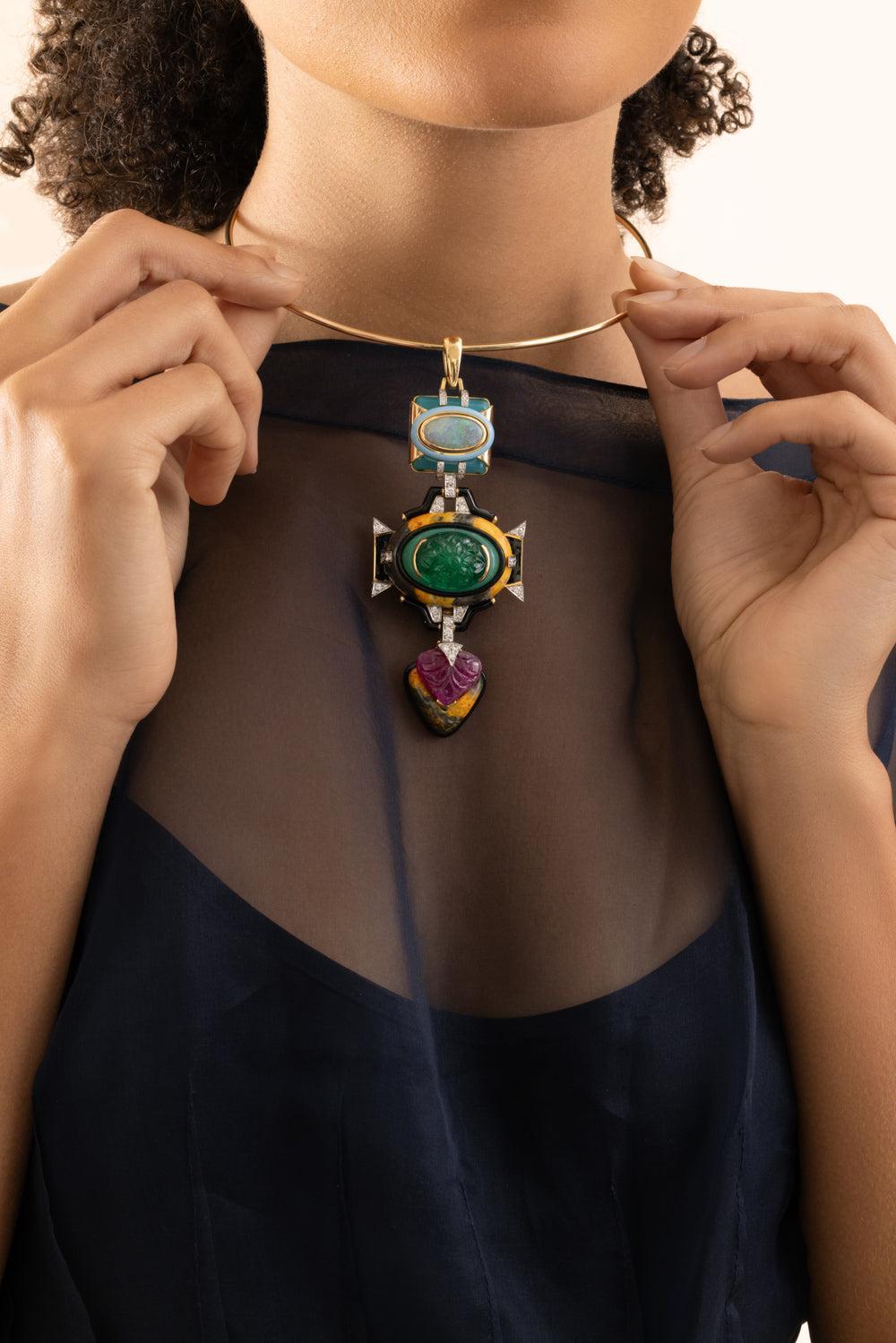 Blue Agate Ruby Black Blue Totem Pendant-YELLOW GOLD-JEWELRYFINE JEWELPENDANT-DAVID WEBB