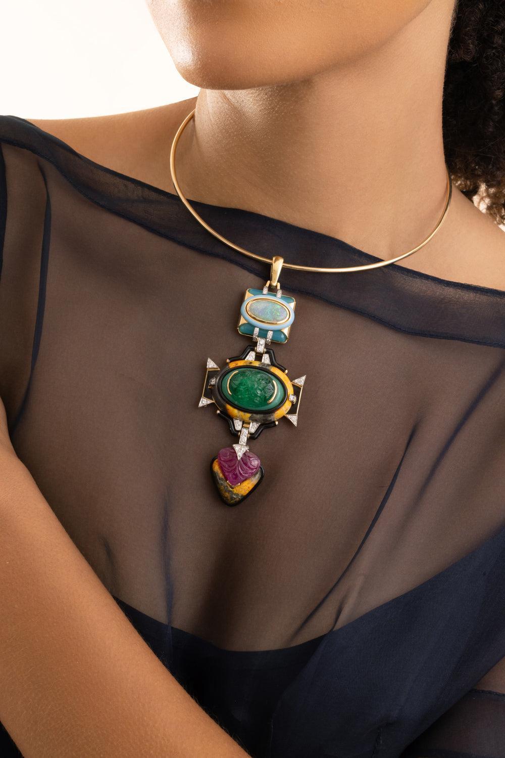 Blue Agate Ruby Black Blue Totem Pendant-YELLOW GOLD-JEWELRYFINE JEWELPENDANT-DAVID WEBB