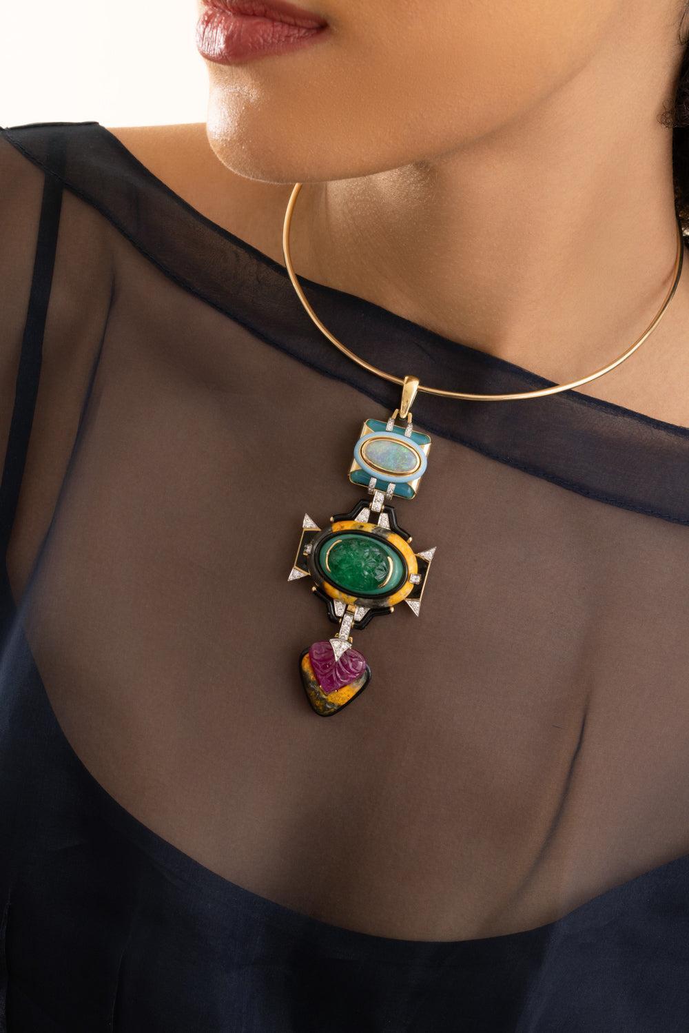 Blue Agate Ruby Black Blue Totem Pendant-YELLOW GOLD-JEWELRYFINE JEWELPENDANT-DAVID WEBB