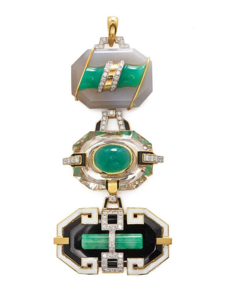 DAVID WEBB-Chysoprase, Jade and Onyx Totem Pendant-YELLOW GOLD