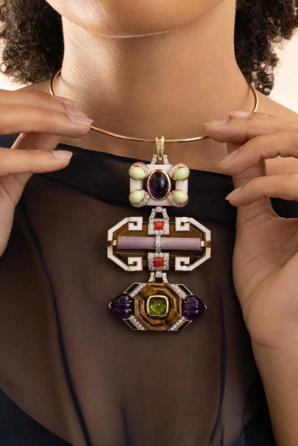 Tigers Eye Marble White Black Totem Pendant-YELLOW GOLD-JEWELRYFINE JEWELPENDANT-DAVID WEBB