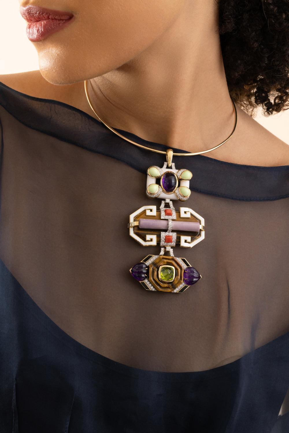 Tigers Eye Marble White Black Totem Pendant-YELLOW GOLD-JEWELRYFINE JEWELPENDANT-DAVID WEBB