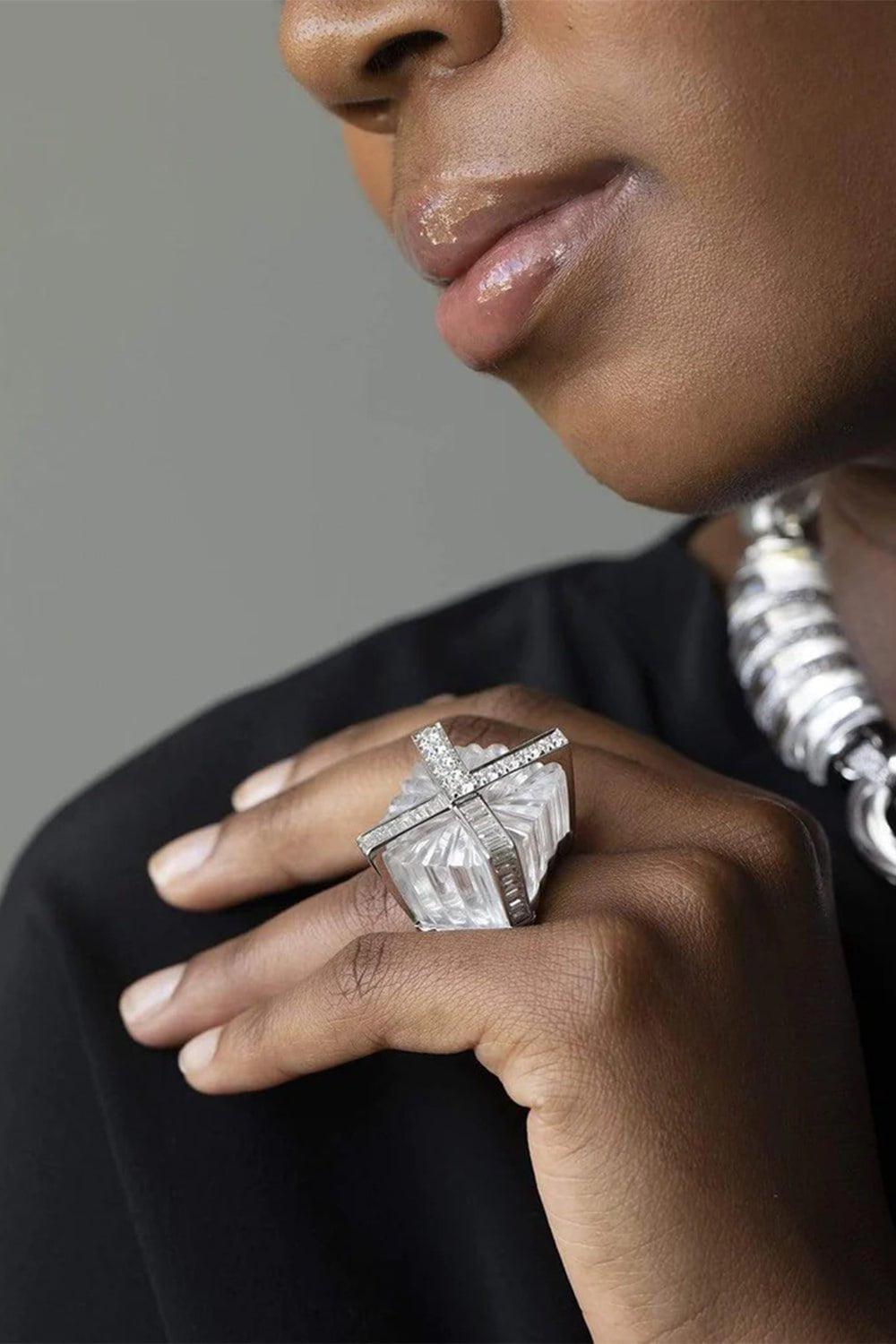DAVID WEBB-Envelope Rock Crystal and Diamond Ring-PLATINUM