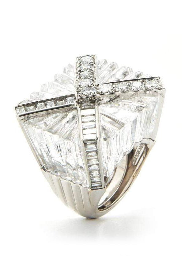 DAVID WEBB-Envelope Rock Crystal and Diamond Ring-PLATINUM