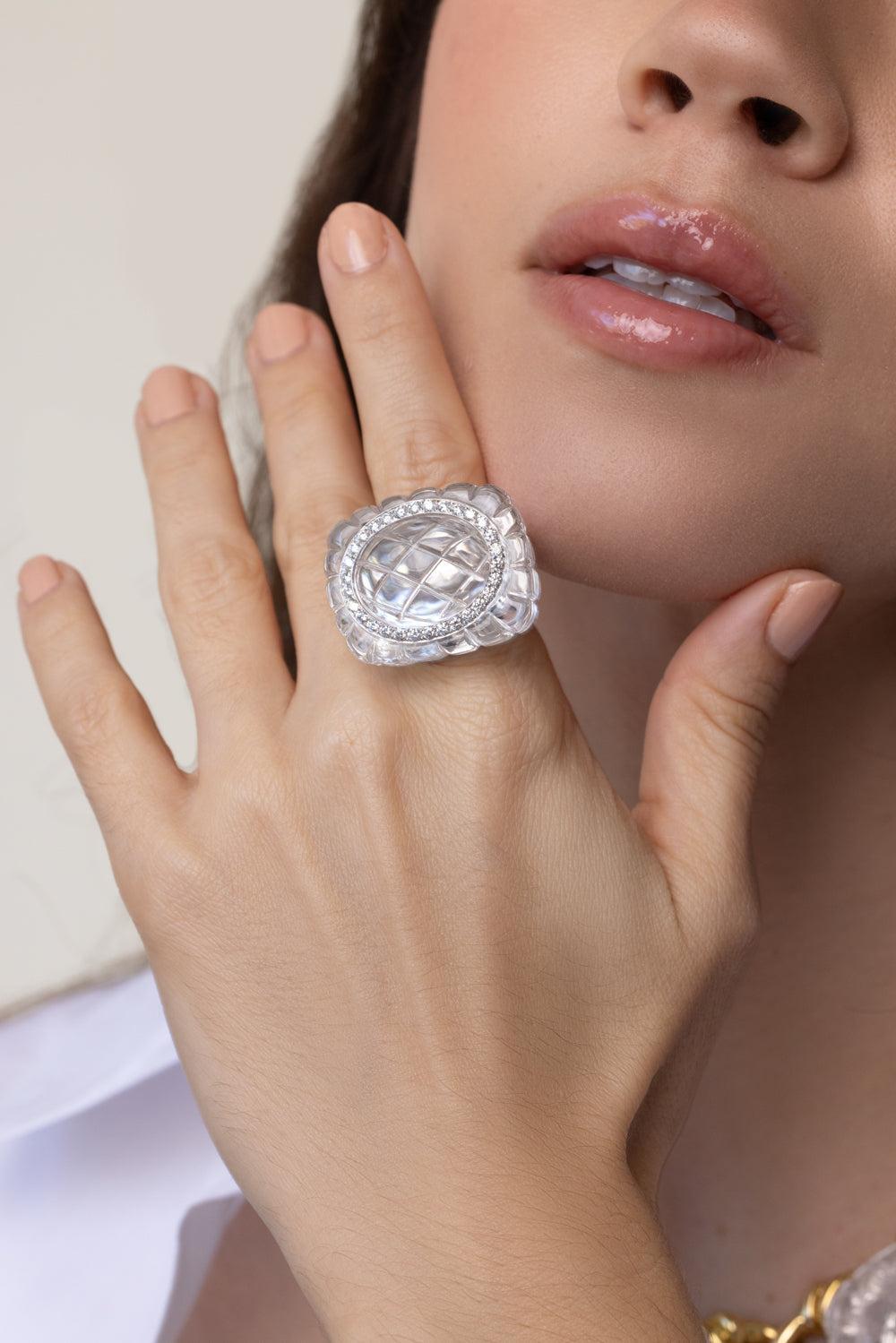 Crystal Pineapple Ring-WHITE GOLD-6-JEWELRYFINE JEWELRING-DAVID WEBB