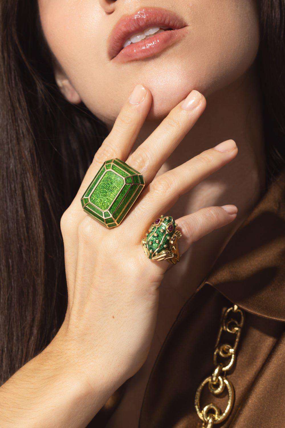 DAVID WEBB-Green Enamel Ruby Large Frog Ring-YELLOW GOLD