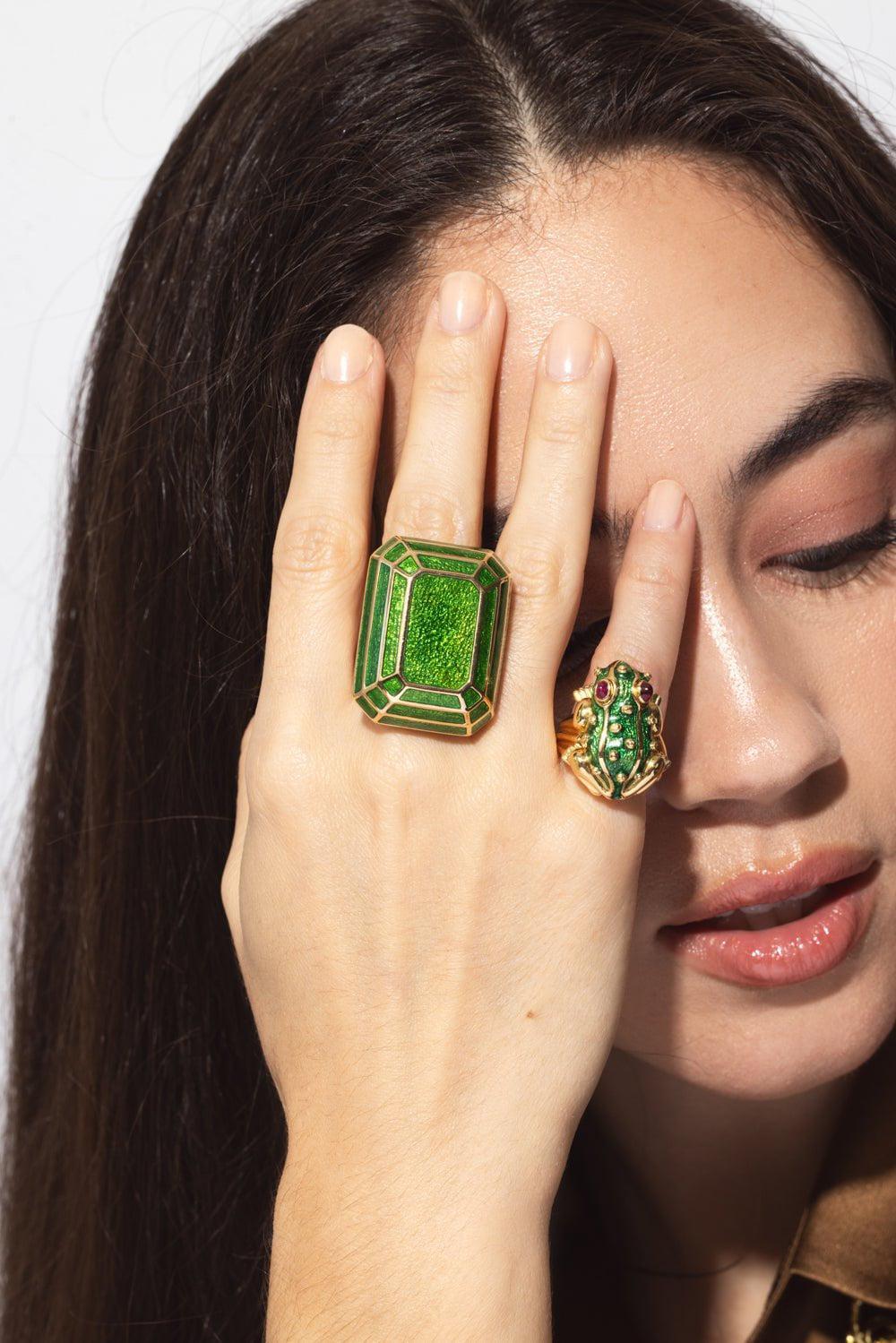 DAVID WEBB-Green Enamel Ruby Large Frog Ring-YELLOW GOLD