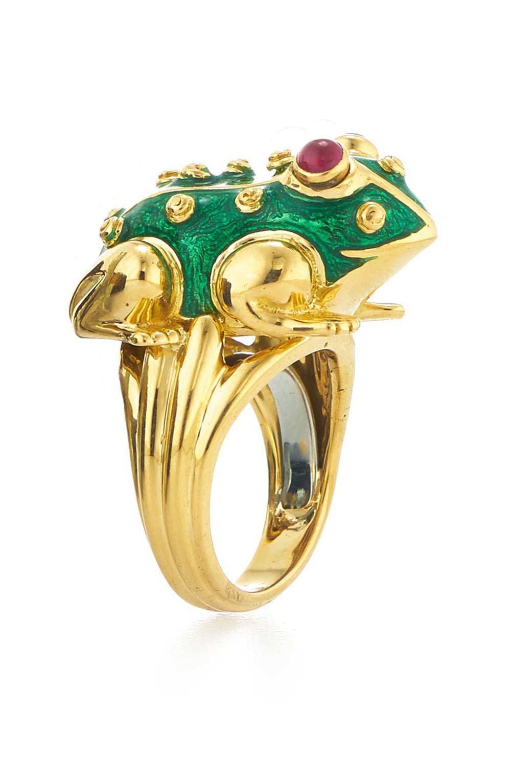 DAVID WEBB-Green Enamel Ruby Large Frog Ring-YELLOW GOLD