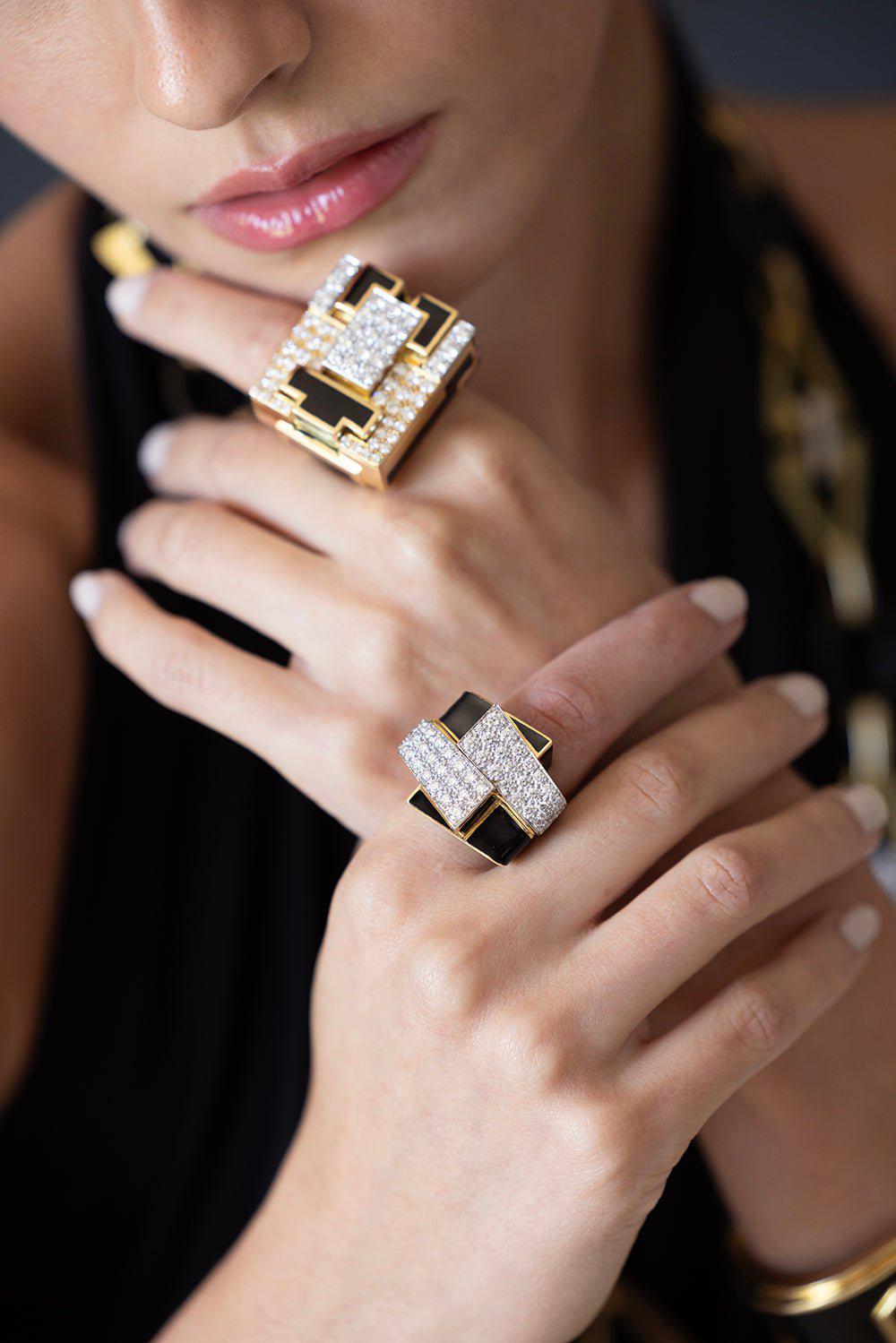 DAVID WEBB-Black Enamel Ski Slope Ring-YELLOW GOLD