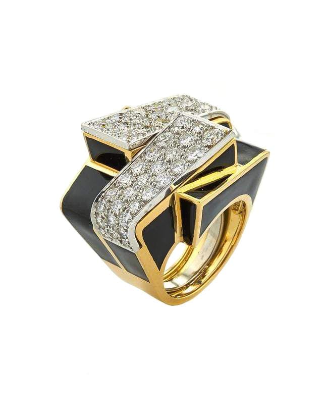DAVID WEBB-Black Enamel Ski Slope Ring-YELLOW GOLD