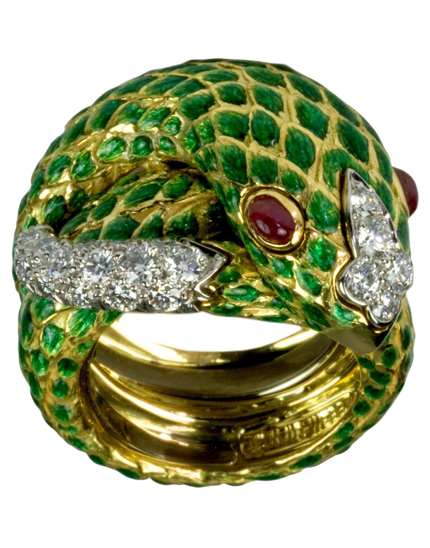 DAVID WEBB-Green Enamel Snake Ring-YELLOW GOLD