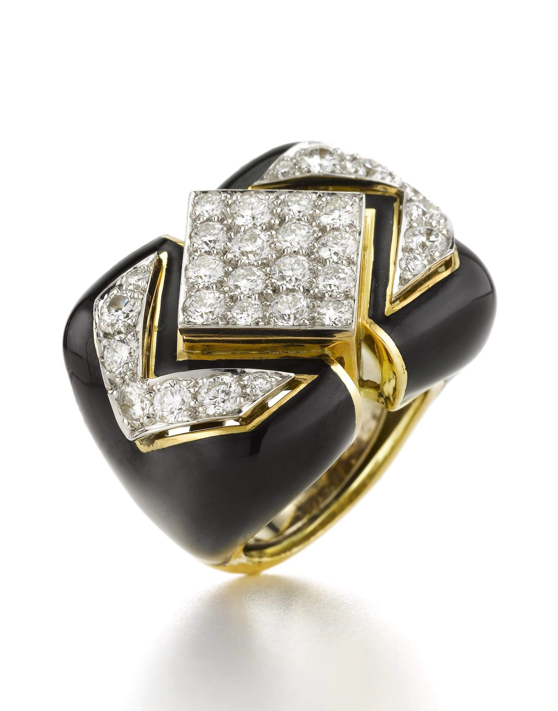 DAVID WEBB-Diamond and Black Enamel Manhattan Ring-YELLOW GOLD