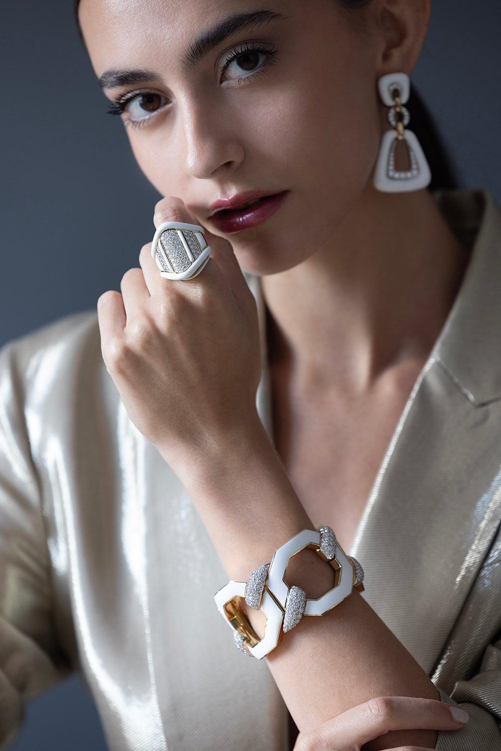 DAVID WEBB-White Enamel and Diamond Ring-YELLOW GOLD