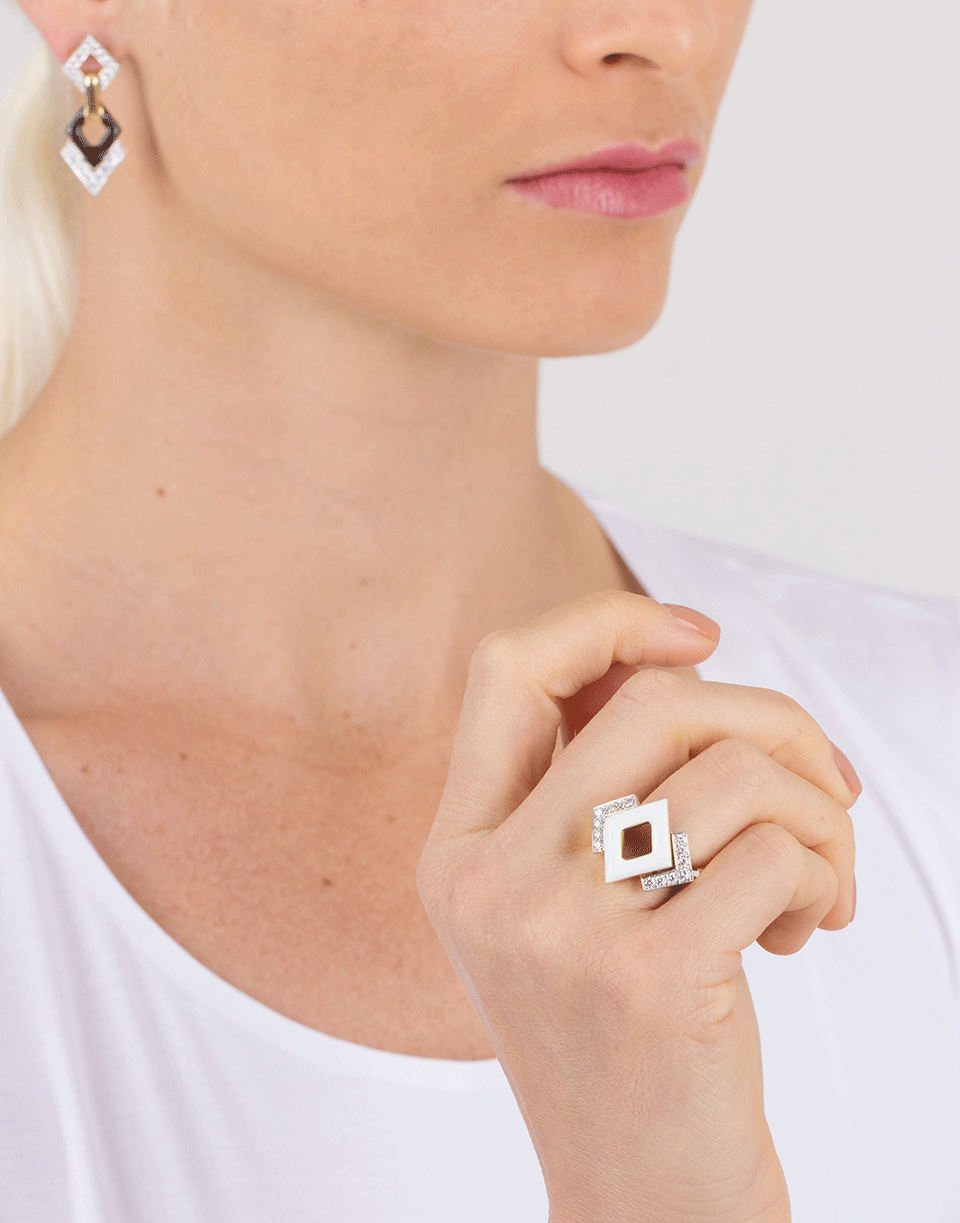 DAVID WEBB-Double Diamond And White Enamel Ring-YELLOW GOLD