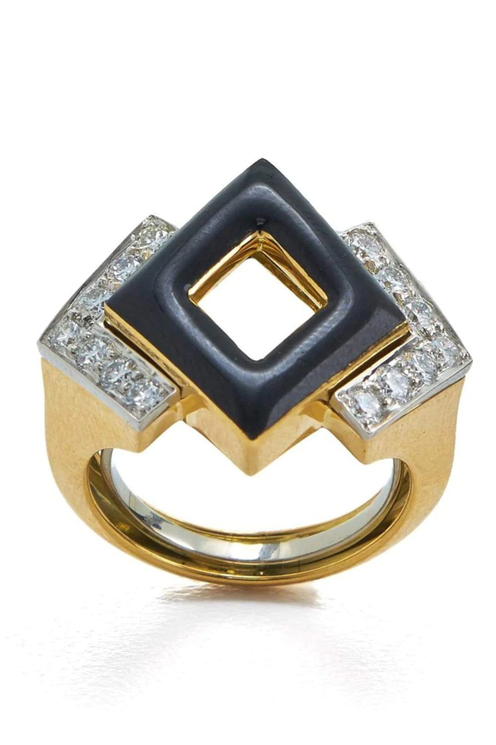DAVID WEBB-Double Diamond Black Enamel Ring-YELLOW GOLD
