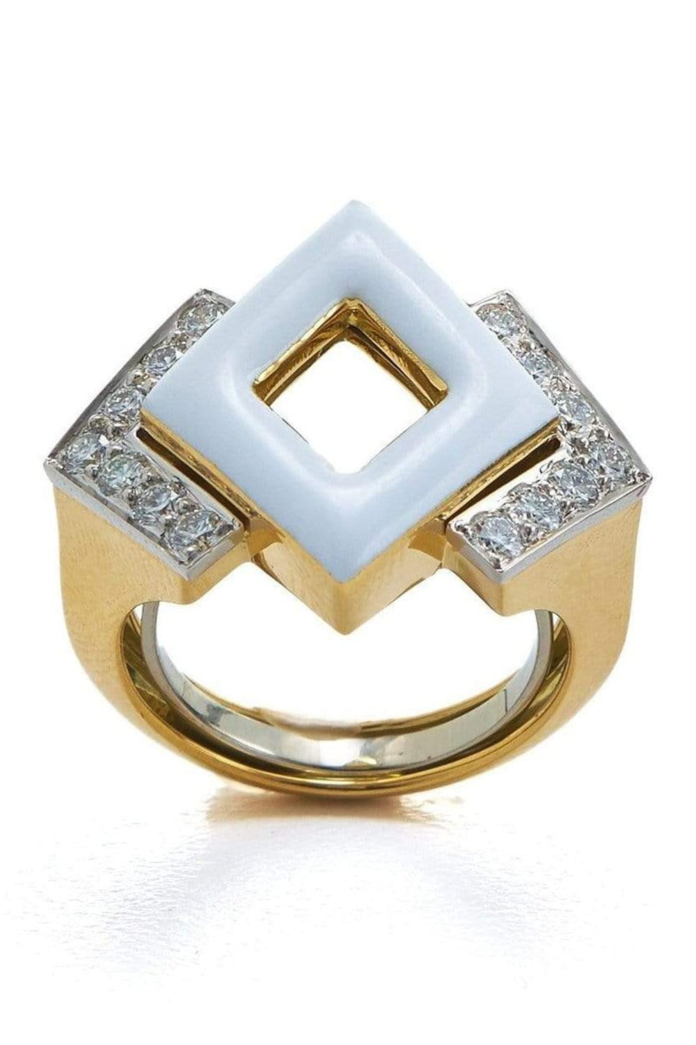 DAVID WEBB-Double Diamond White Enamel Ring-YELLOW GOLD