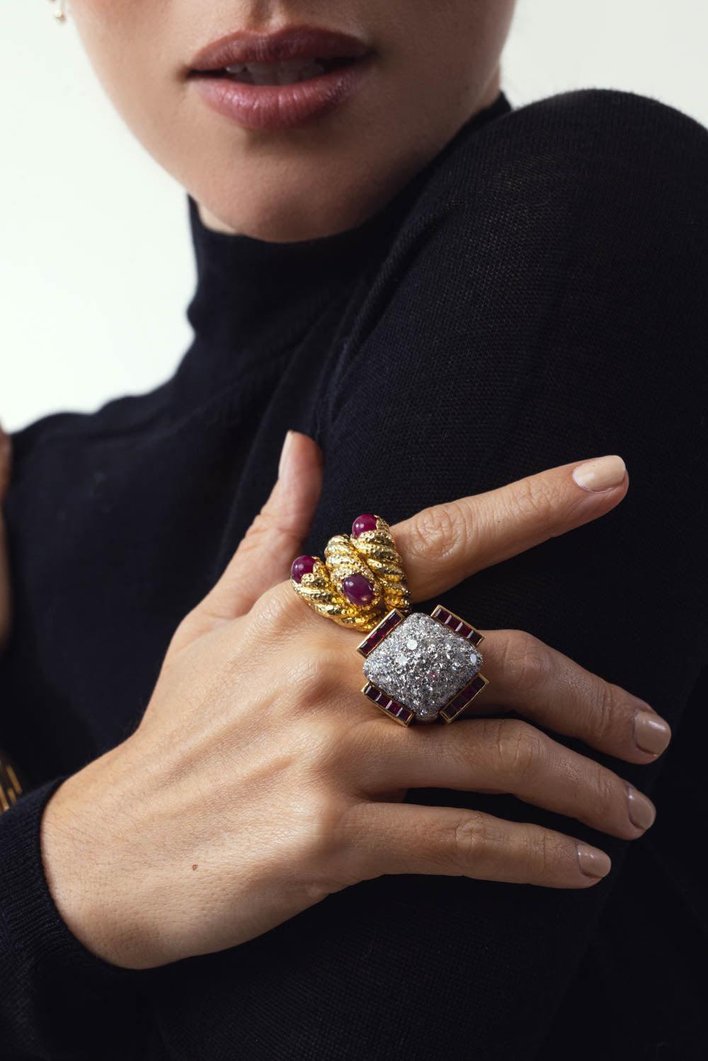 DAVID WEBB-Rectangular Ruby Diamond Ring-YELLOW GOLD