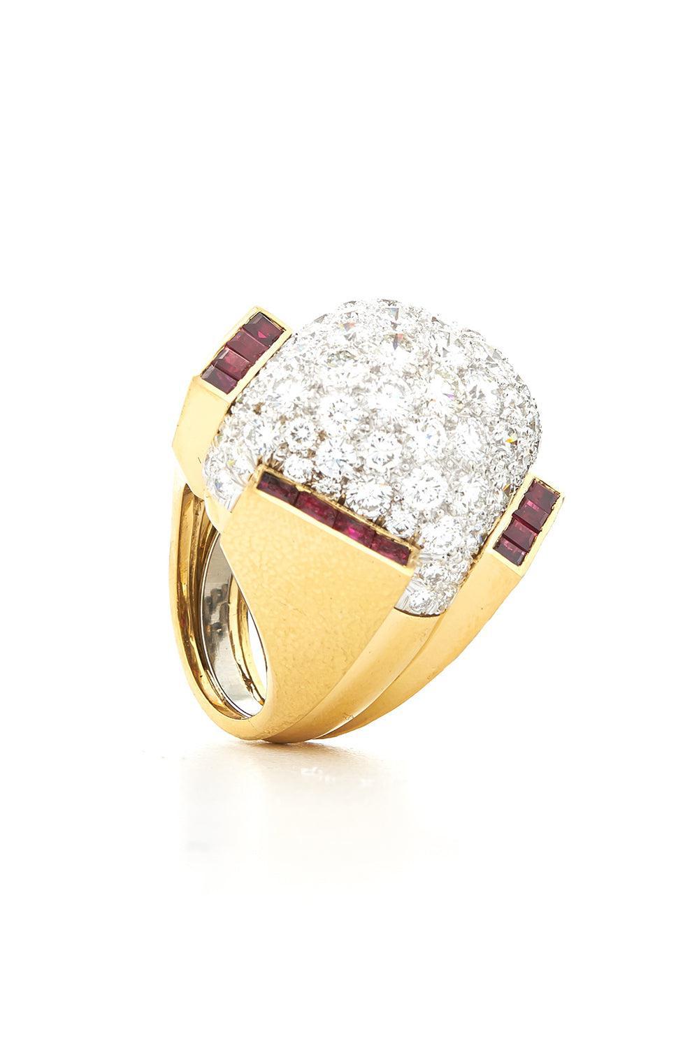 DAVID WEBB-Rectangular Ruby Diamond Ring-YELLOW GOLD