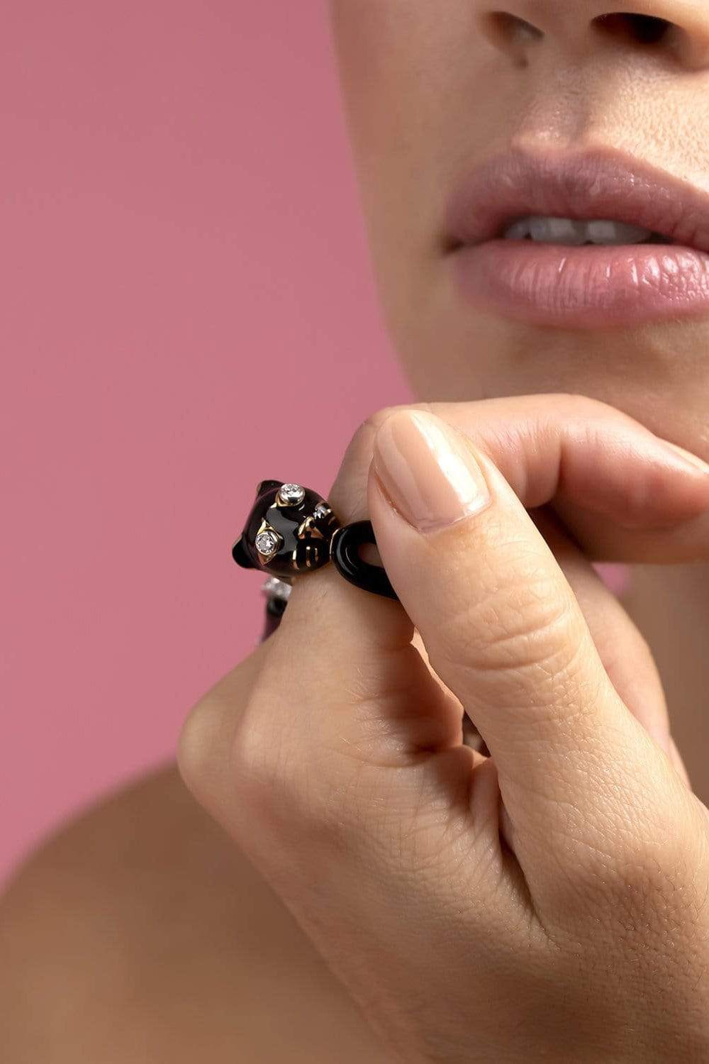 DAVID WEBB-Black Enamel and Diamond Cat Ring-YELLOW GOLD