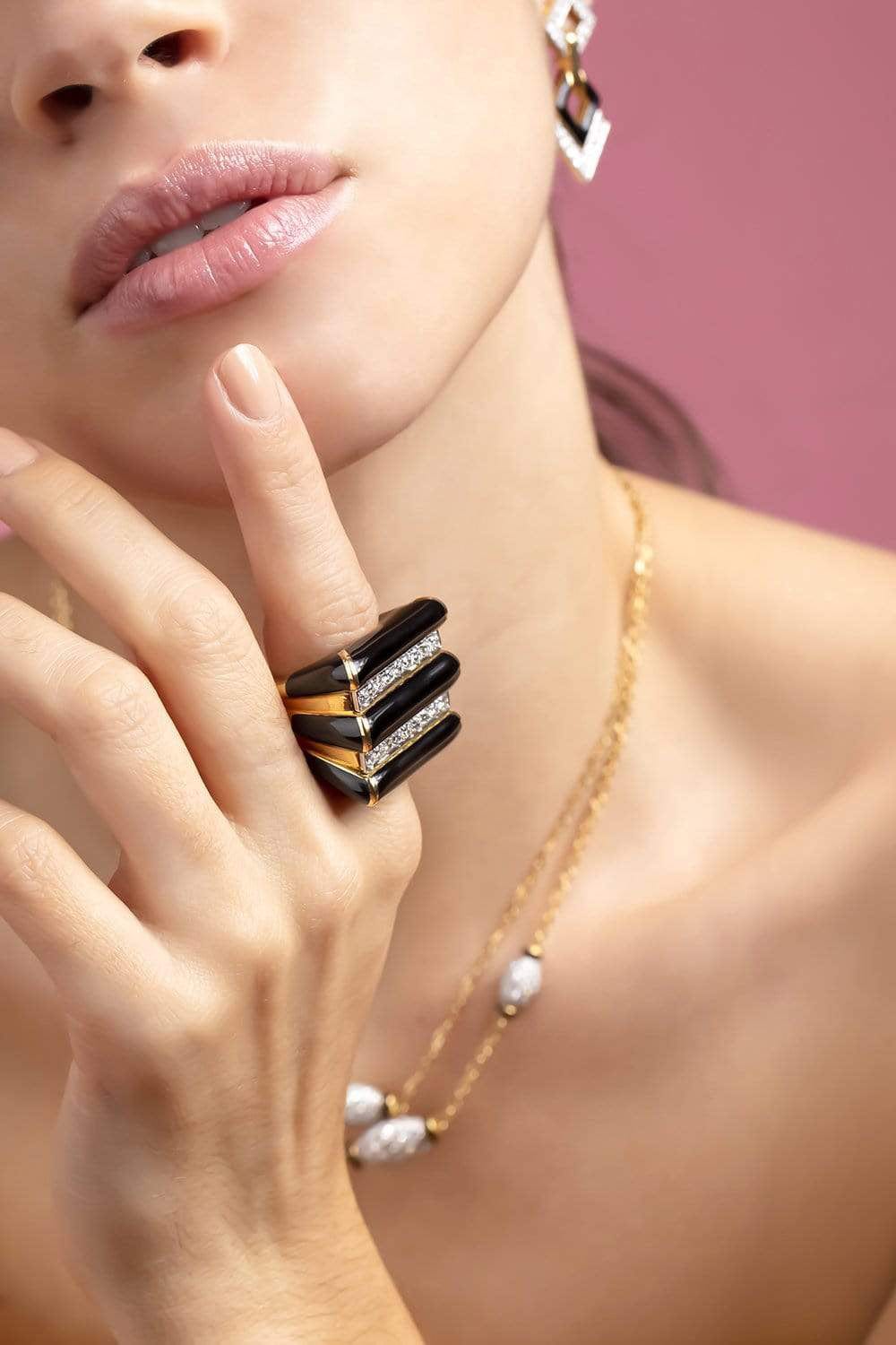 DAVID WEBB-Black Enamel and Diamond Radiator Ring-YELLOW GOLD