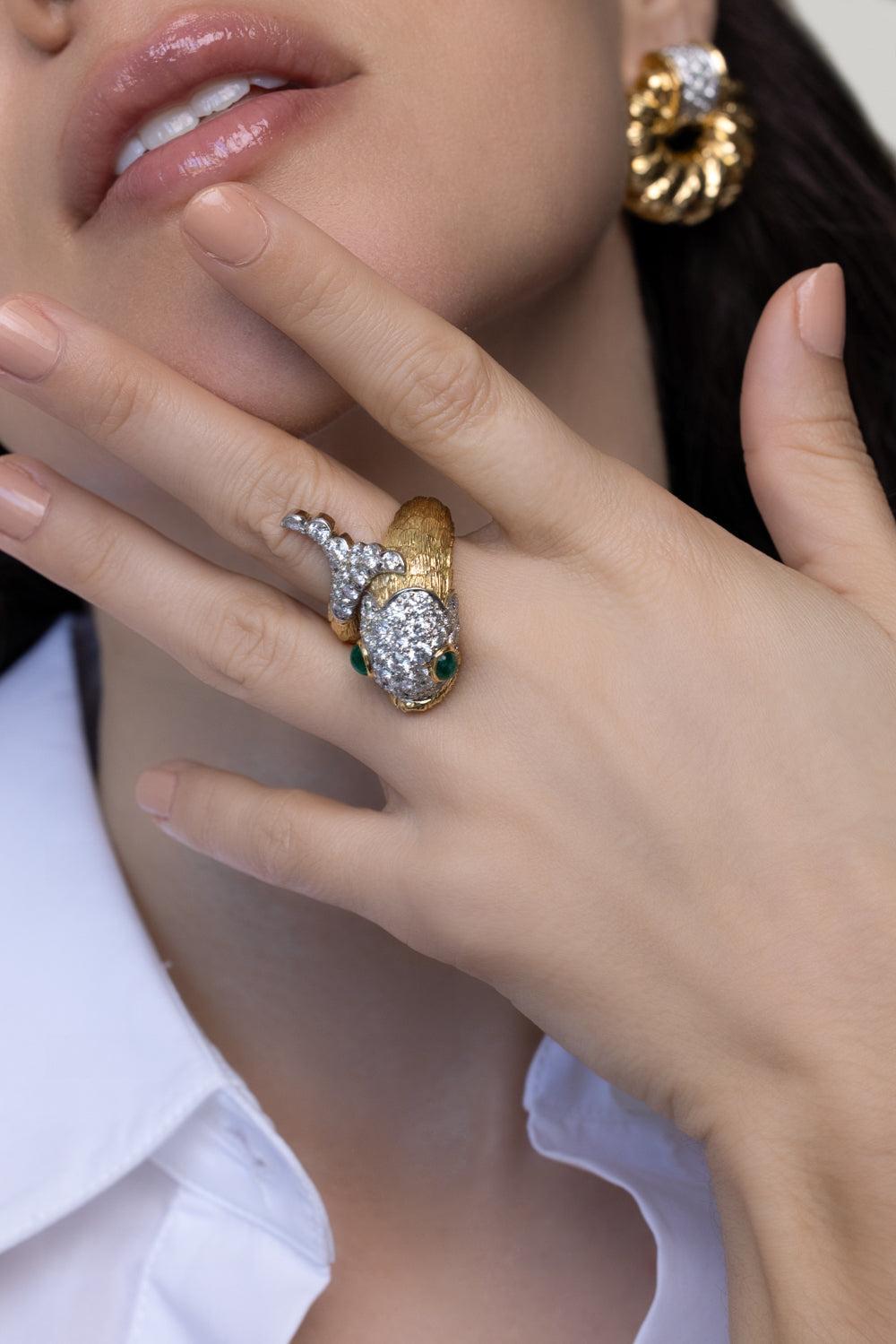 Diamond Emerald Fish Ring-YELLOW GOLD-6.5-JEWELRYFINE JEWELRING-DAVID WEBB