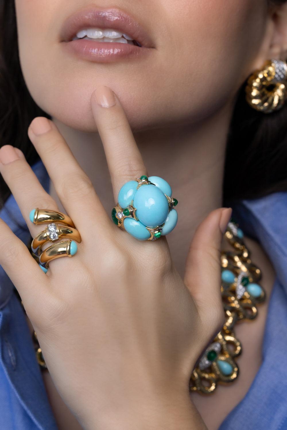 Turquoise Emerald Crown Ring-YELLOW GOLD-6.5-JEWELRYFINE JEWELRING-DAVID WEBB