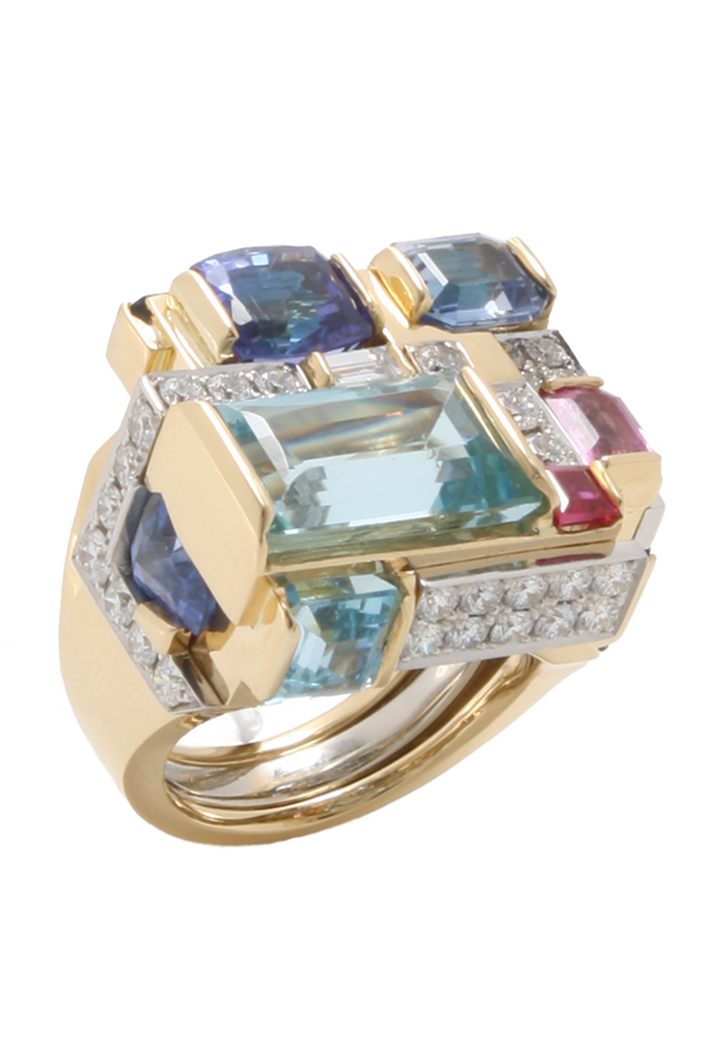 Aquamarine Sapphire Diamond Cubist Ring-YELLOW GOLD-JEWELRYFINE JEWELRING-DAVID WEBB