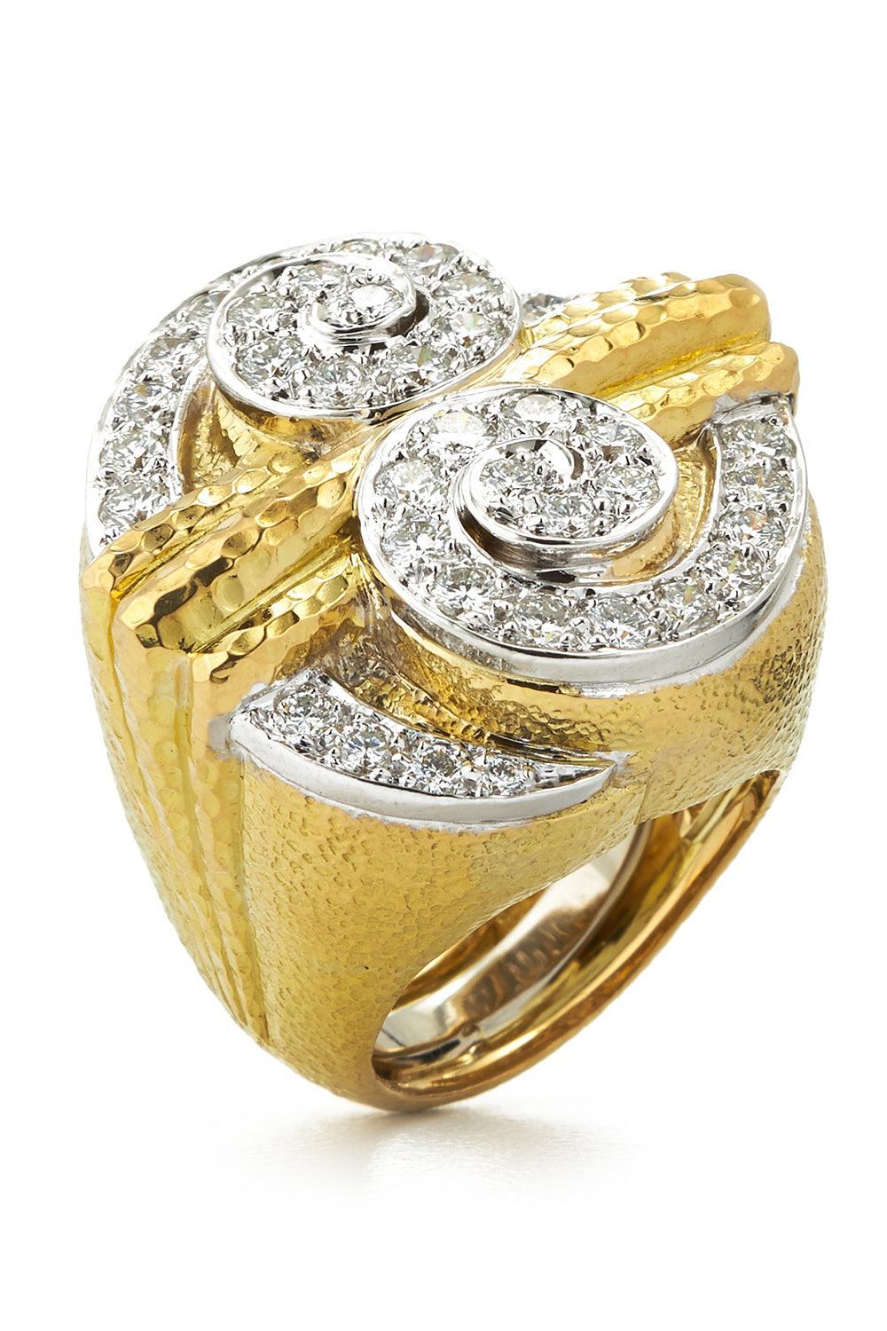 Diamond Hammered Double Scroll Step Ring-YELLOW GOLD-JEWELRYFINE JEWELRING-DAVID WEBB