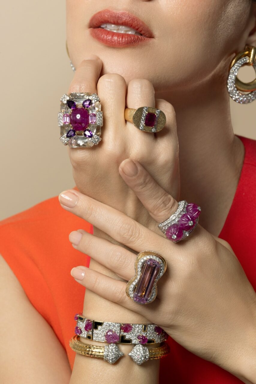 Pink Tourmaline Diamond Color Road Ring-YELLOW GOLD-JEWELRYFINE JEWELRING-DAVID WEBB