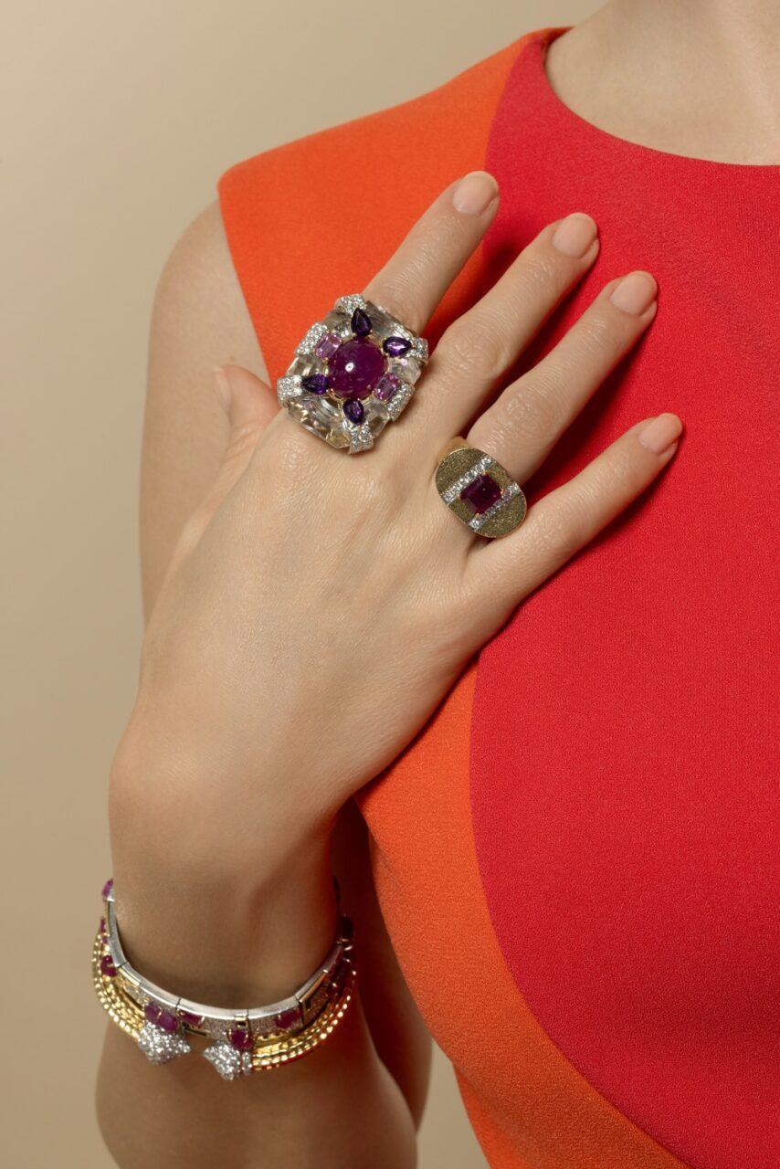 Ruby Amethyst Cascade Couture Ring-YELLOW GOLD-JEWELRYFINE JEWELRING-DAVID WEBB