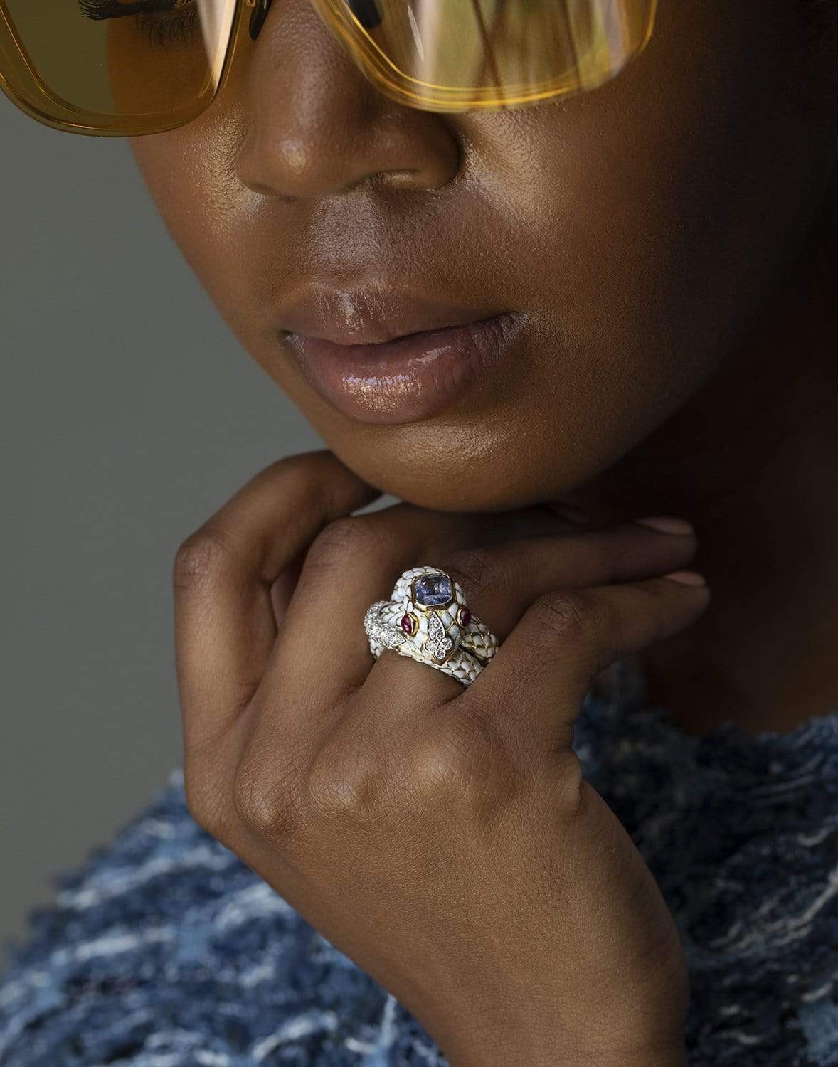 DAVID WEBB-White Enamel Sapphire Snake Ring-YELLOW GOLD