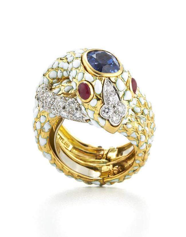 DAVID WEBB-White Enamel Sapphire Snake Ring-YELLOW GOLD