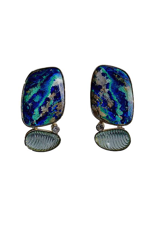 Azurite Malachite Tourmaline Earrings-YELLOW GOLD-JEWELRYFINE JEWELEARRING-DENISE CASSOU