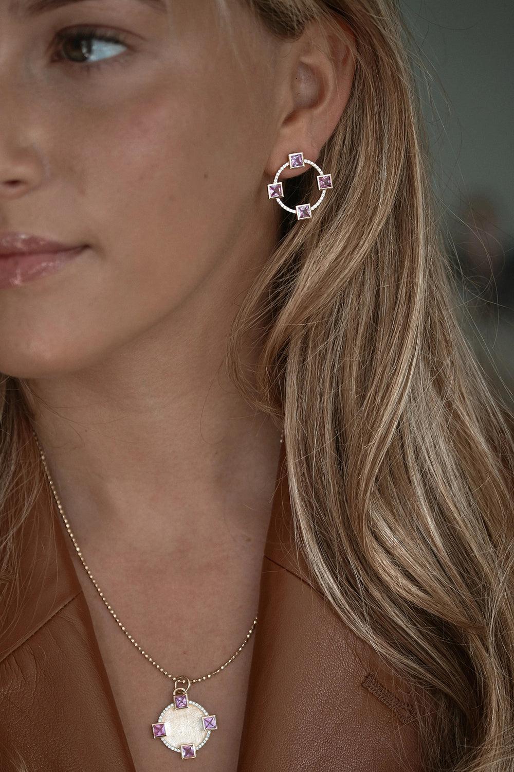 Pink Sapphire Club Earrings-YELLOW GOLD-JEWELRYFINE JEWELEARRING-DEVON WOODHILL
