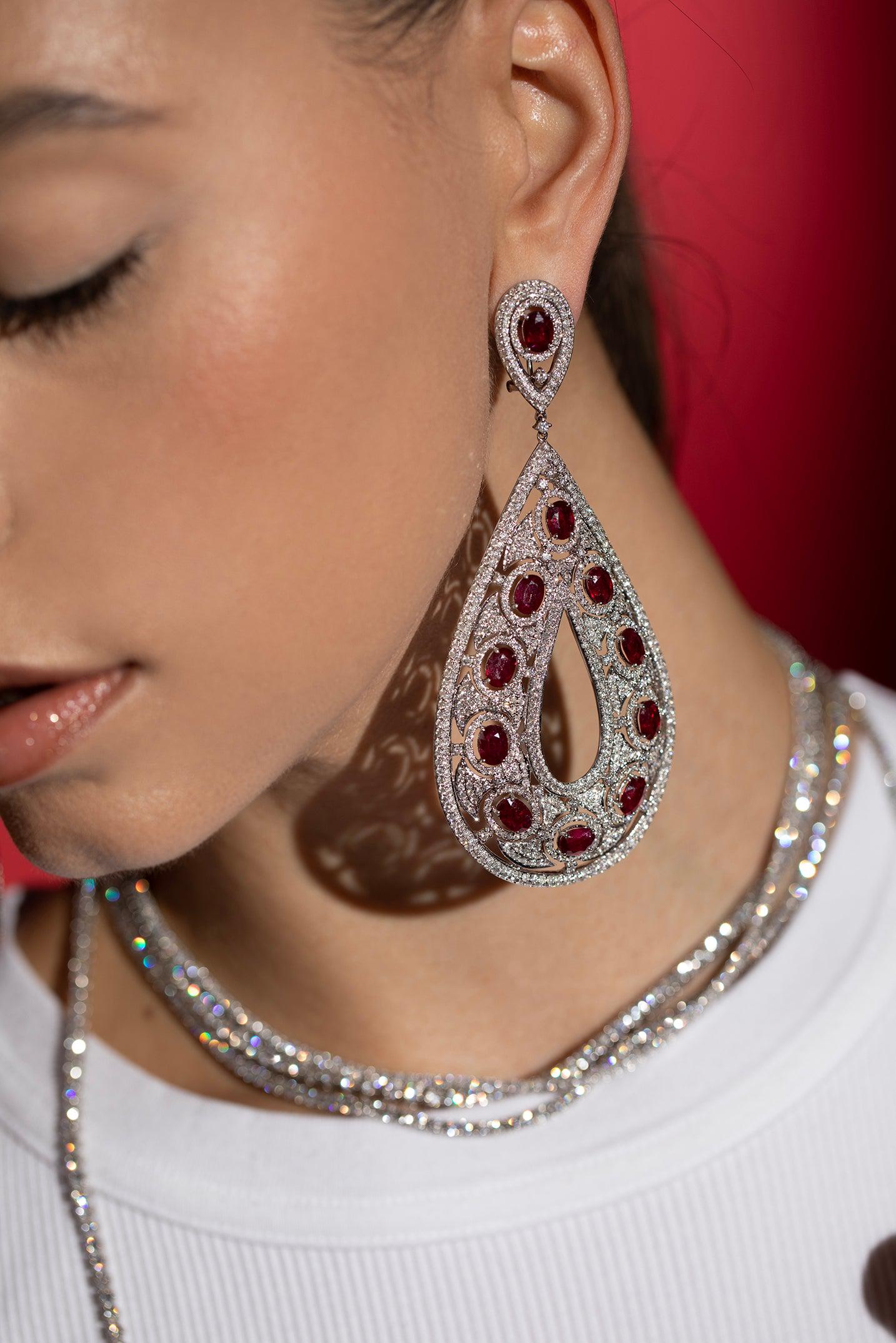 DIANA M. JEWELS-Ruby Diamond Drop Earrings-WHITE GOLD