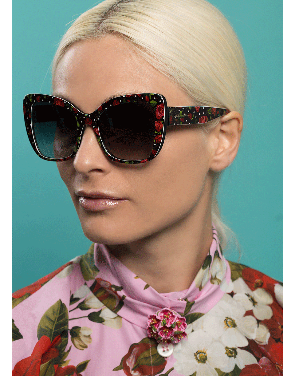 DOLCE & GABBANA-Rose Print Acetate Sunglasses-BLK/RED
