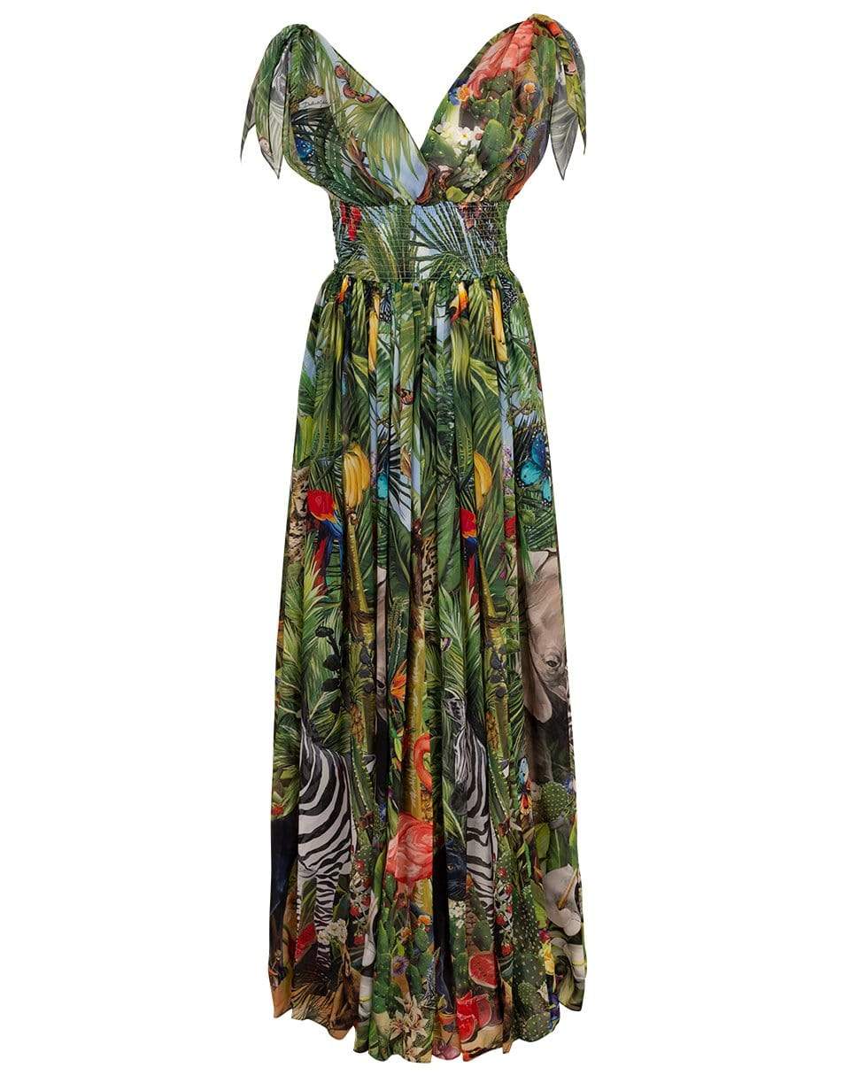 DOLCE & GABBANA-Sleeveless V-Neck Smocked Waist Maxi Dress-GREEN