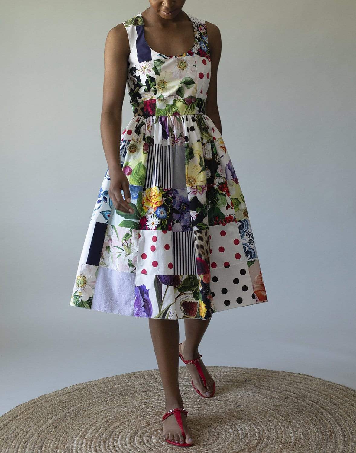 DOLCE & GABBANA-Patchwork Print Cotton Poplin Sun Dress-MULTI