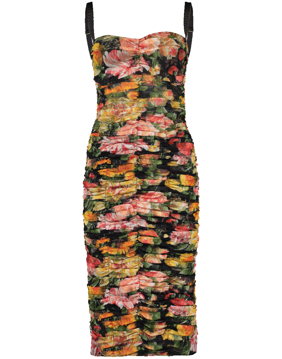 DOLCE & GABBANA-Floral Tulle Ruched Fitted Dress-