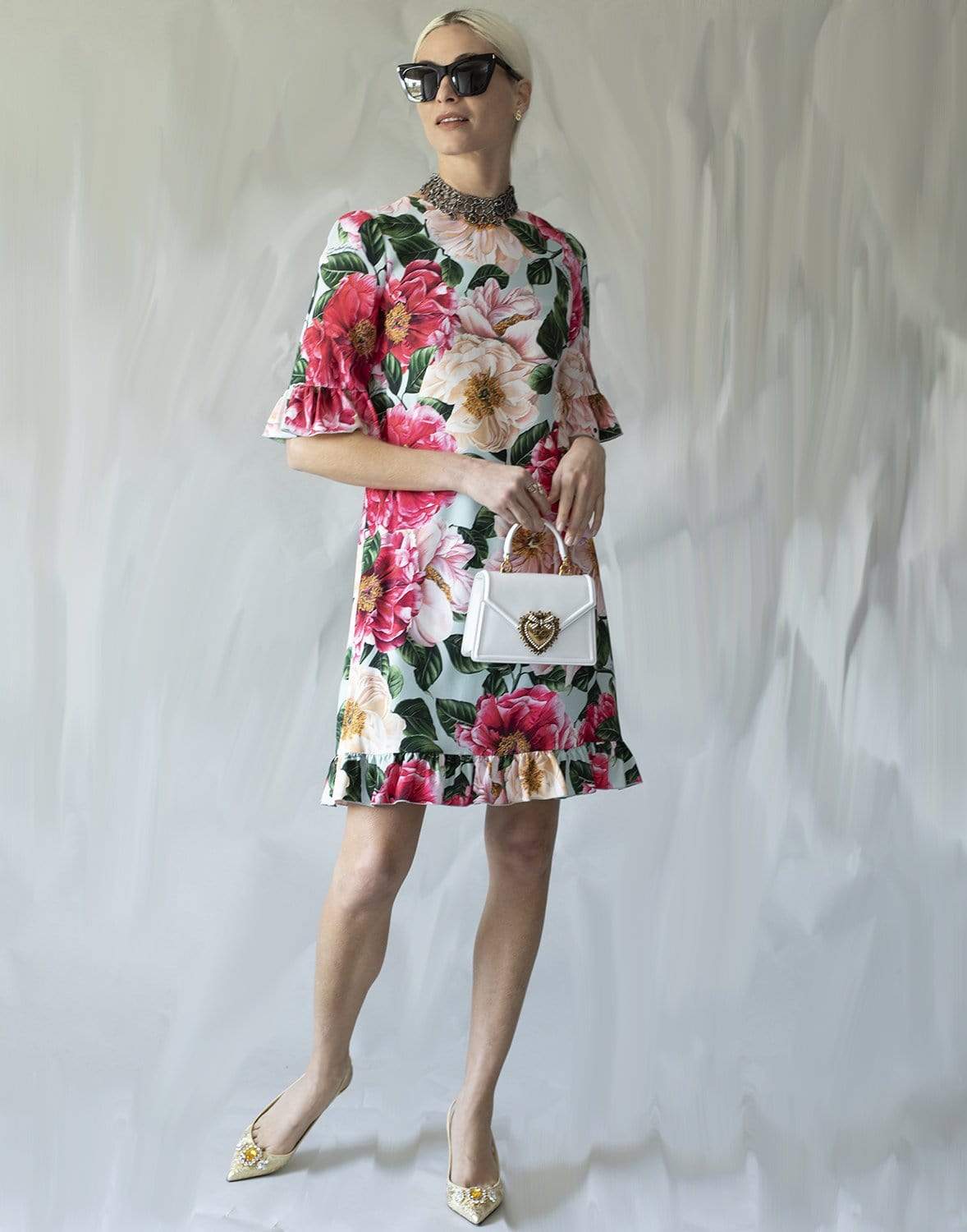 DOLCE & GABBANA-Camellia-Print Cady Midi Dress-