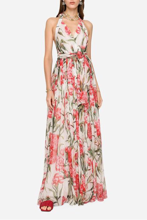 DOLCE & GABBANA-Long Printed Silk Chiffon Dress-CARNATNS