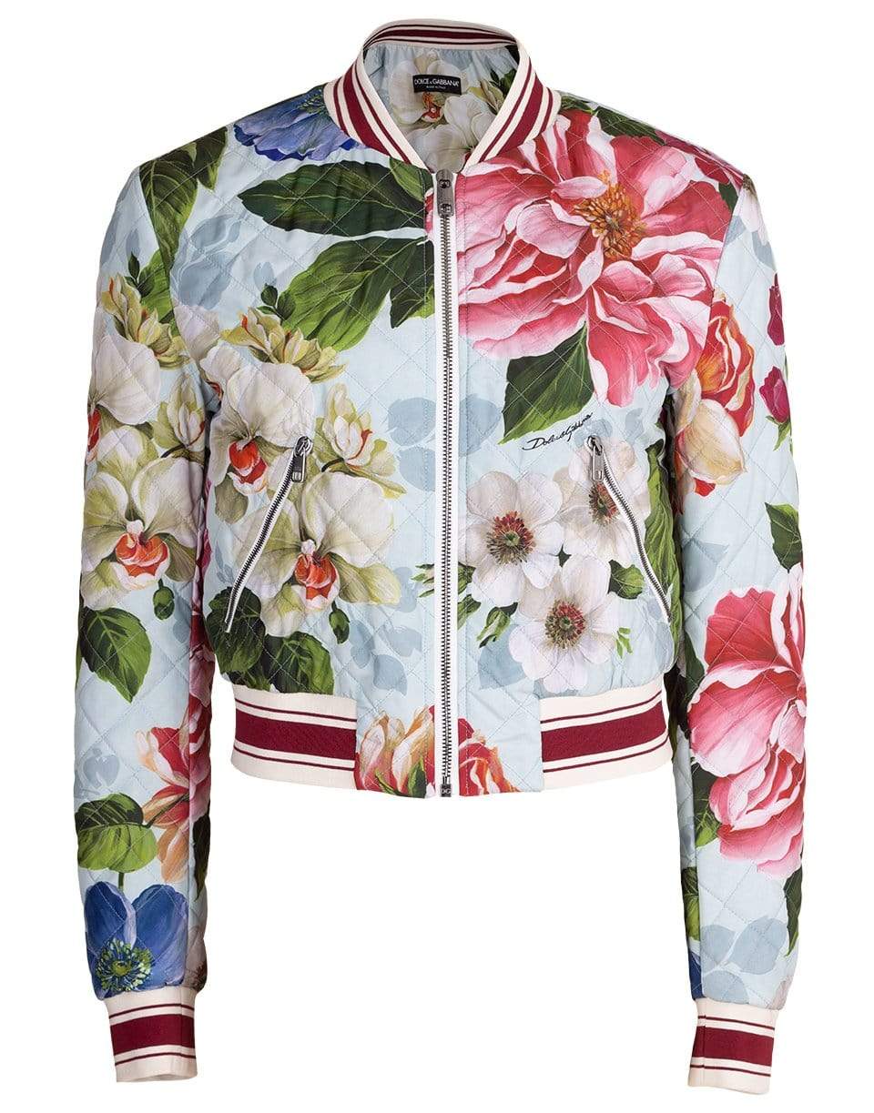 DOLCE & GABBANA-Blue Floral Print Quilted Bomber Jacket-