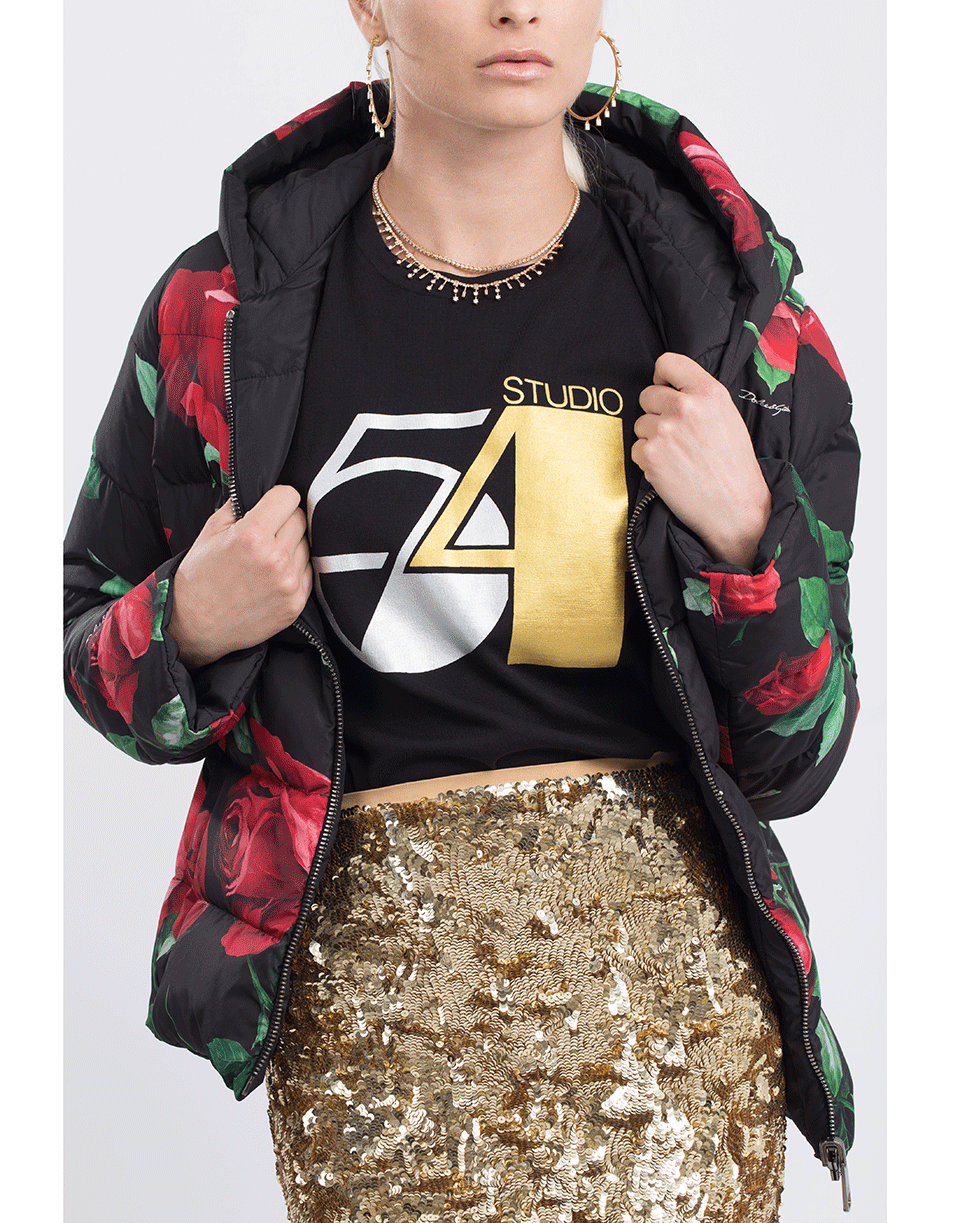 DOLCE & GABBANA-Rose Print Fitted Down Jacket with Hood-